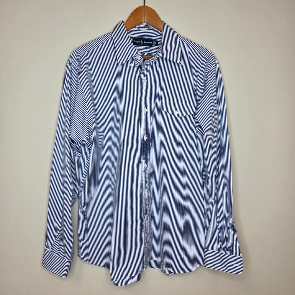 Ralph Lauren Mens‎ Large Blue White Striped Button Down Shirt Cotton Y2K Preppy